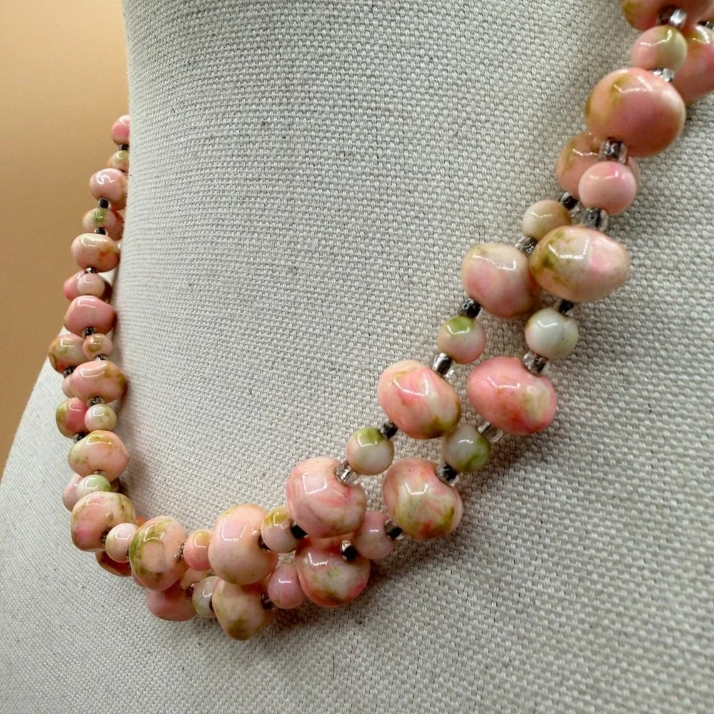 Pink Green Ceramic Bead Double Strand Necklace Cottagecore Boho Statement Gift